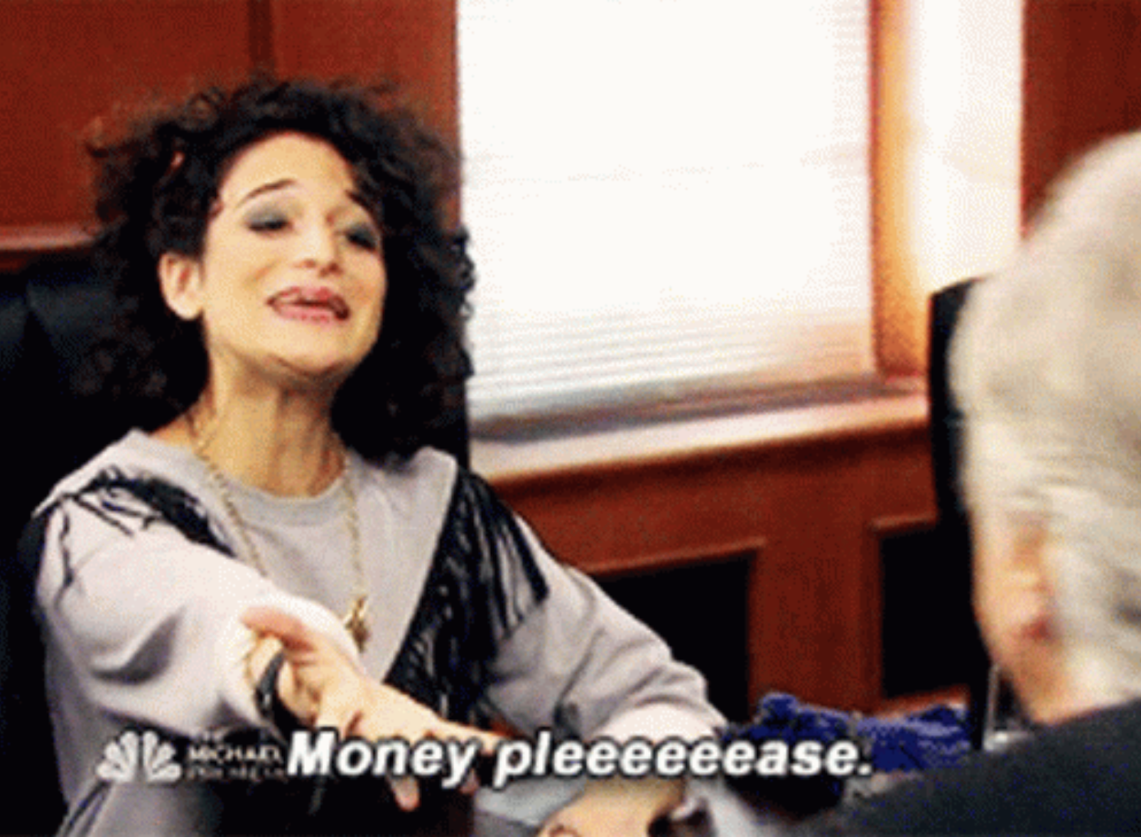 Jenny Slate in the TV show Parks & Rec saying "money please" to her father